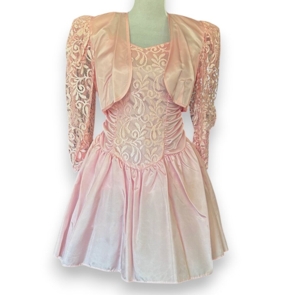 Vtg 90s pink Lace Fit & Flare Party Prom‎ Dress w bolero jacket juniors sz 3